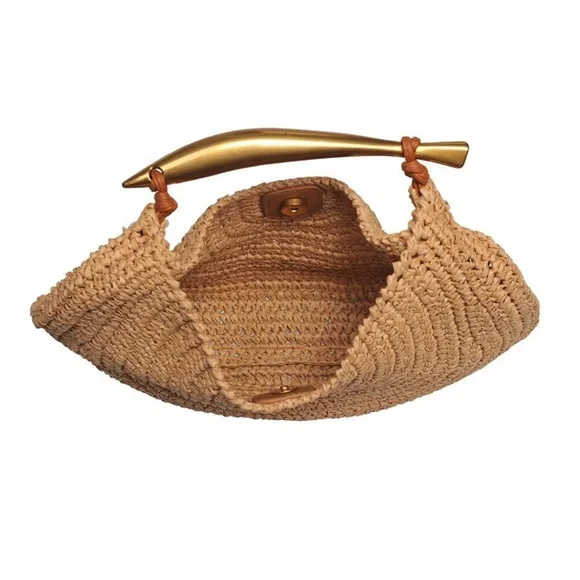 Elegant Tan Woven Bag with Gold Handle - Picture 2 of 8